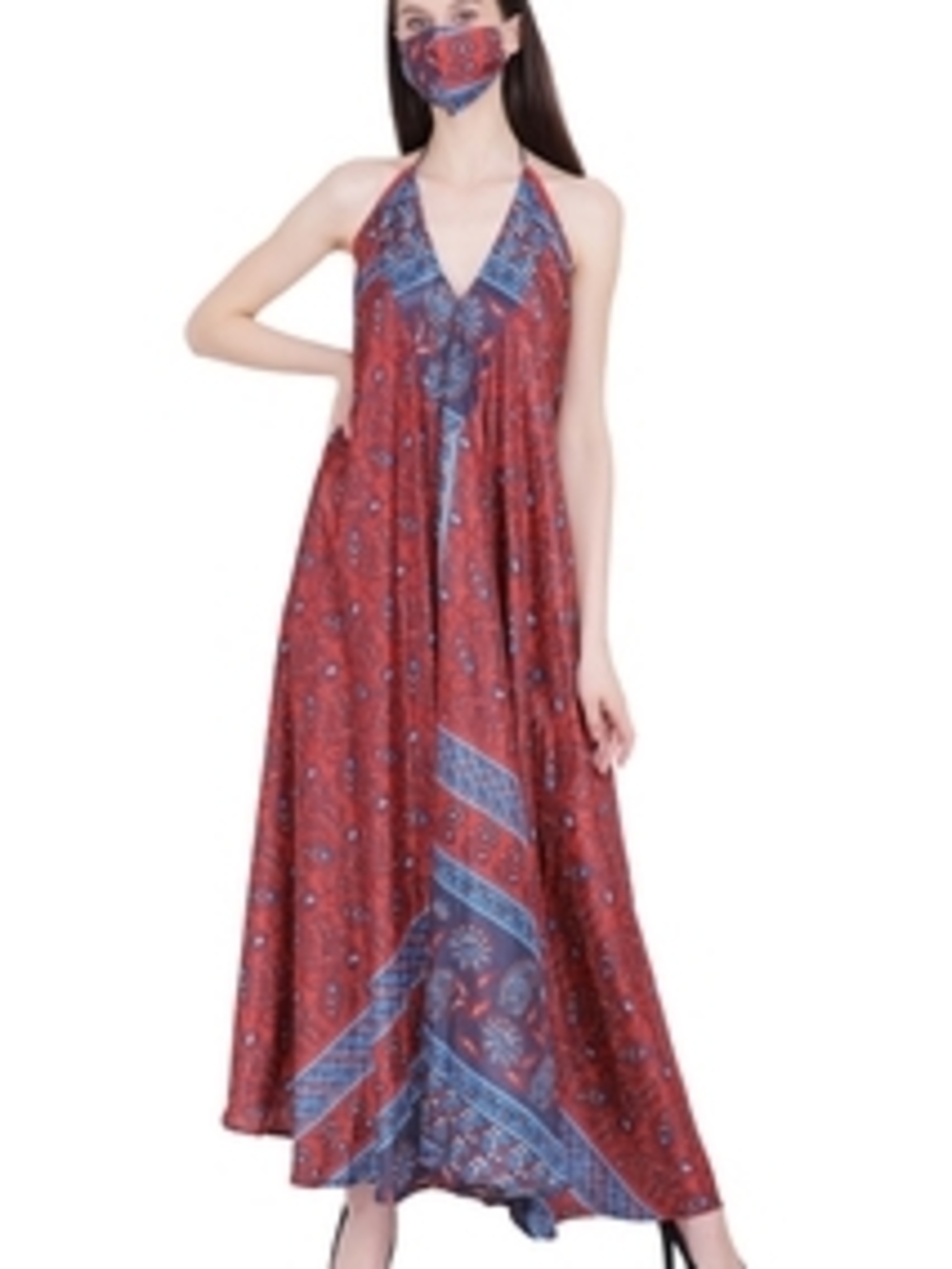 Red Halter Maxi Dress with Blue Accent - Women's Summer Dress~